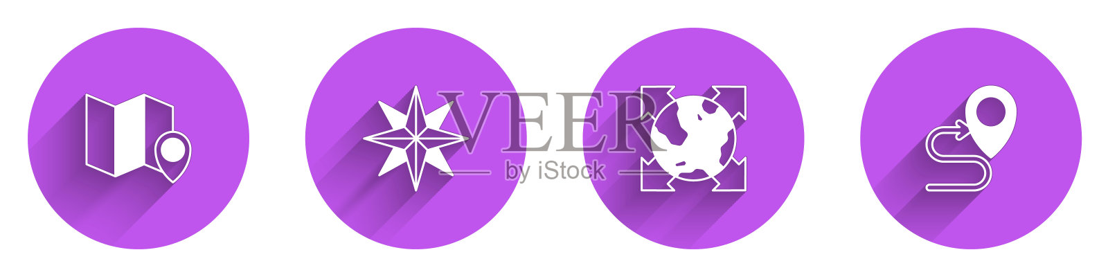 设置折叠地图与位置标记,风玫瑰,世界全球指南针和路线图标与长阴影。向量图标素材