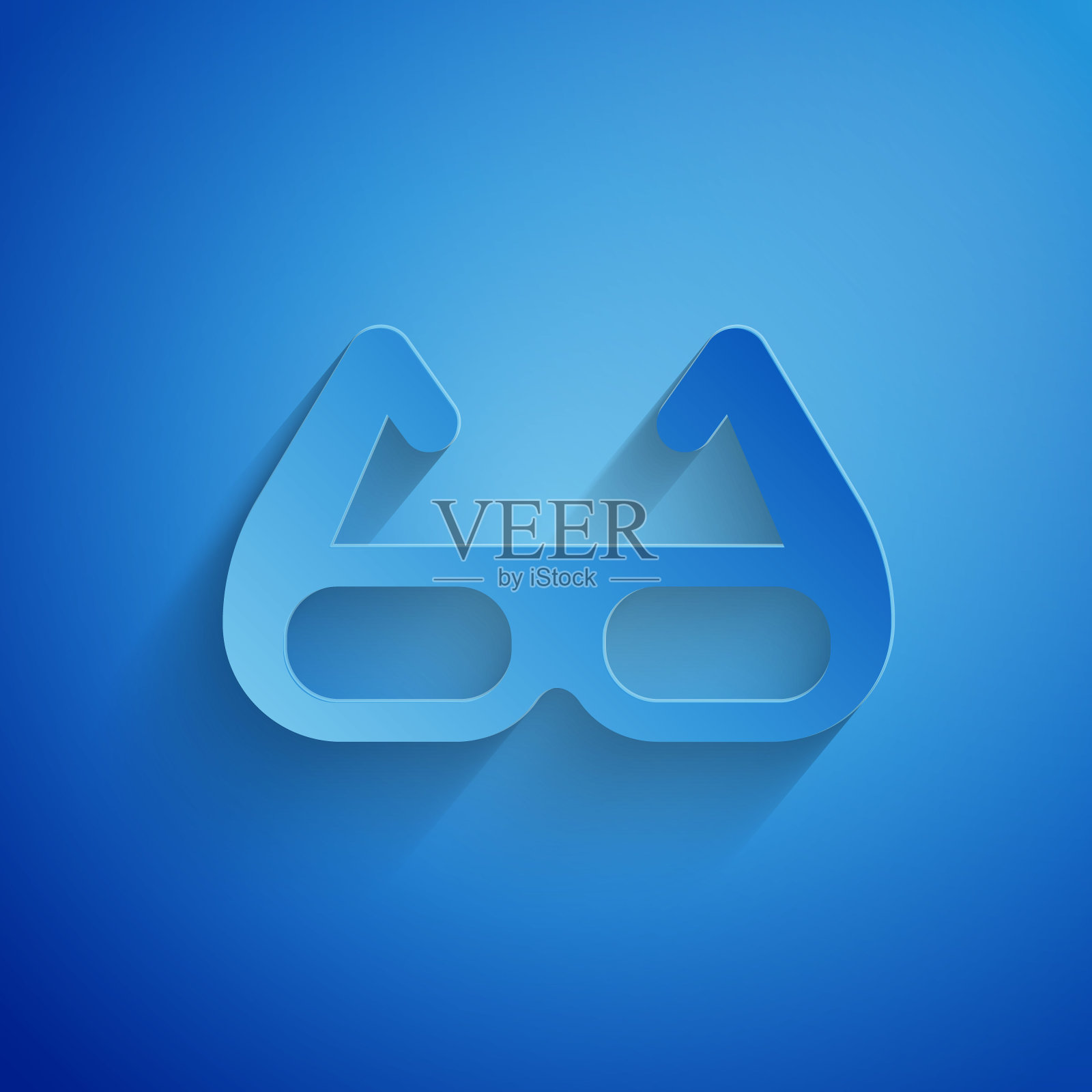 剪纸运动自行车太阳镜图标孤立的蓝色背景。运动眼镜图标。纸艺风格。向量插画图片素材