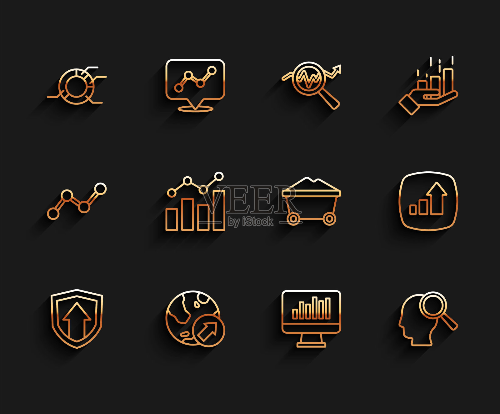 设置线财务增长,饼状图信息图,监控与,搜索人员,和煤矿小车图标。向量图标素材