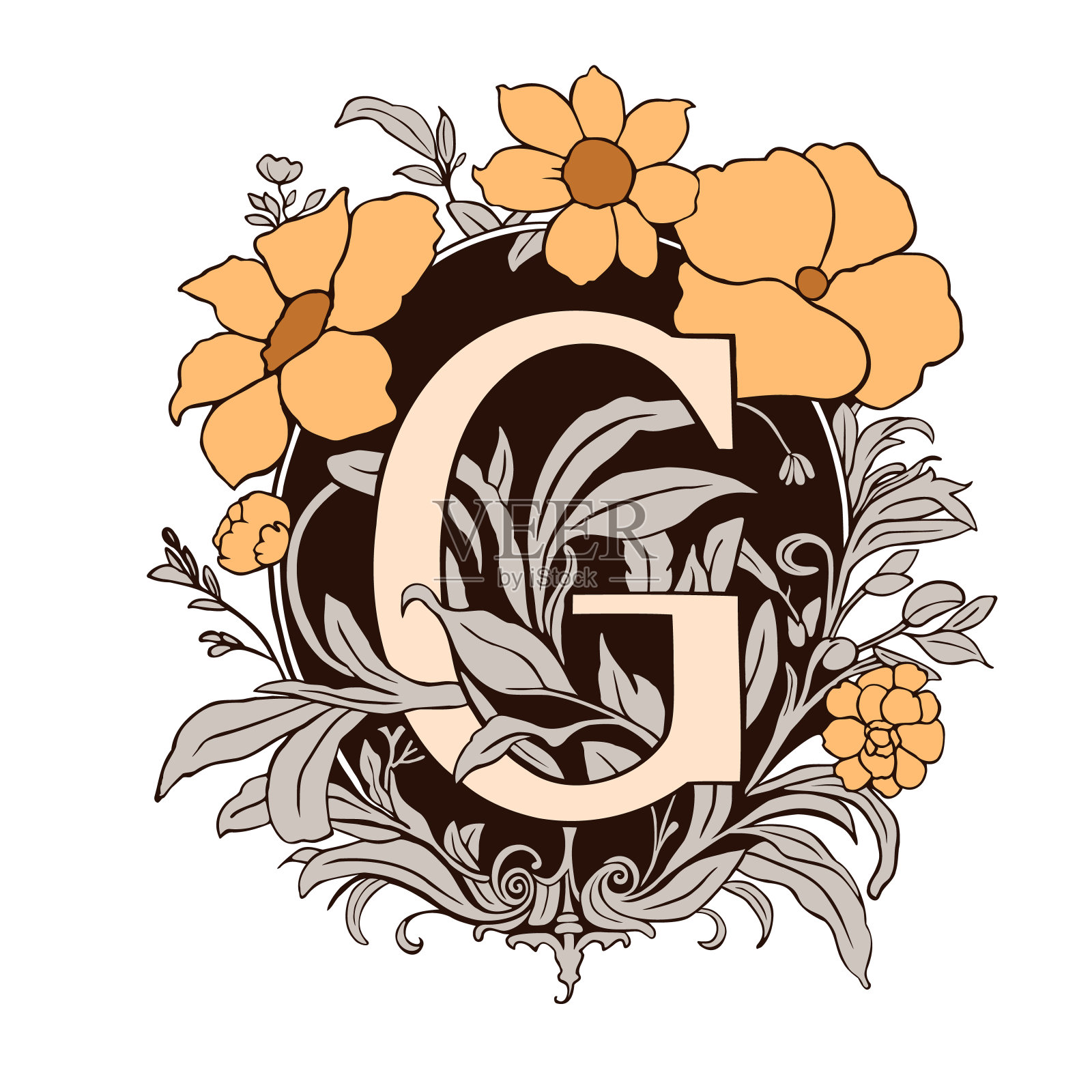 字母G花卉字母组合。复古装饰最初字母螺旋风格。插画图片素材