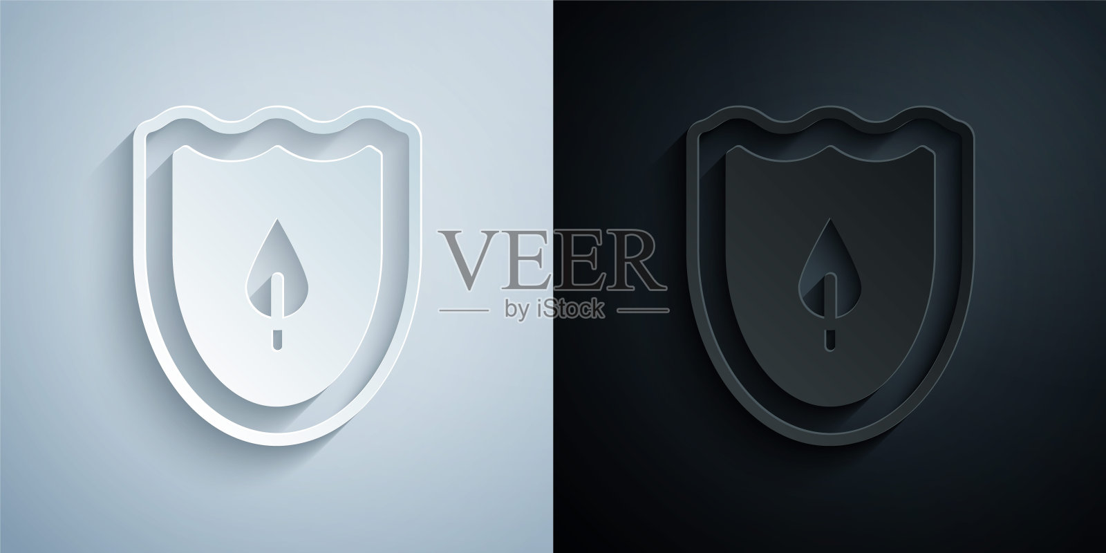 剪纸盾牌与叶图标隔离在灰色和黑色的背景。绿色环保的安全防护罩。纸艺风格。向量插画图片素材