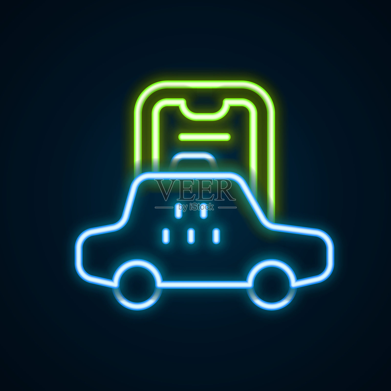 发光的霓虹灯线出租车移动应用程序图标孤立的黑色背景。移动应用出租车。色彩缤纷的轮廓概念。向量插画图片素材