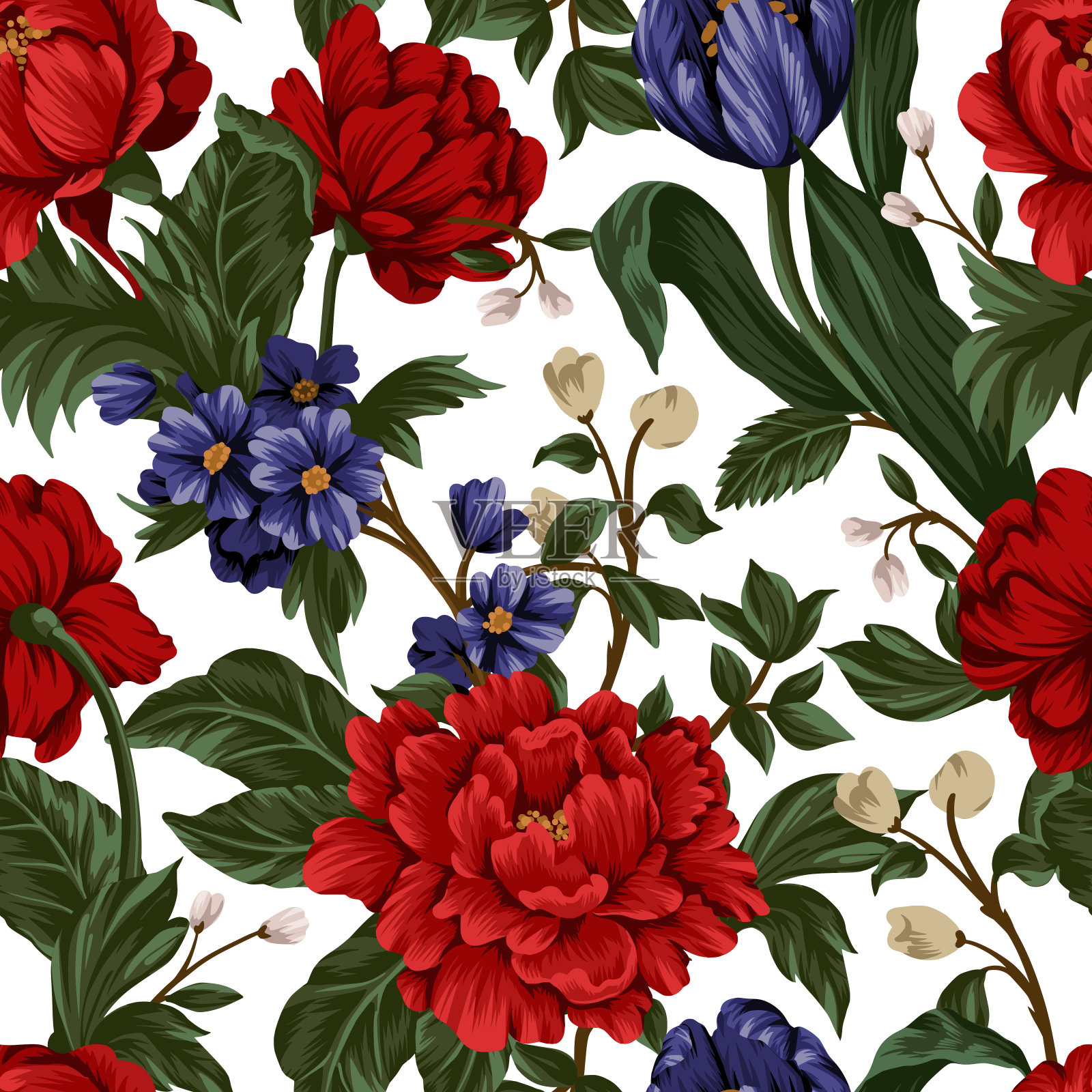 无缝图案与红色牡丹和小花。向量。插画图片素材