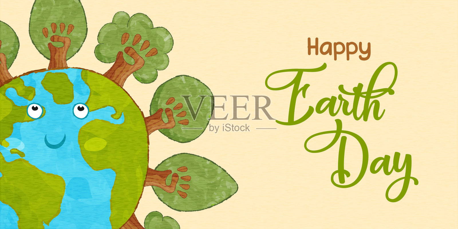 地球日横幅绿树手队卡通插画图片素材