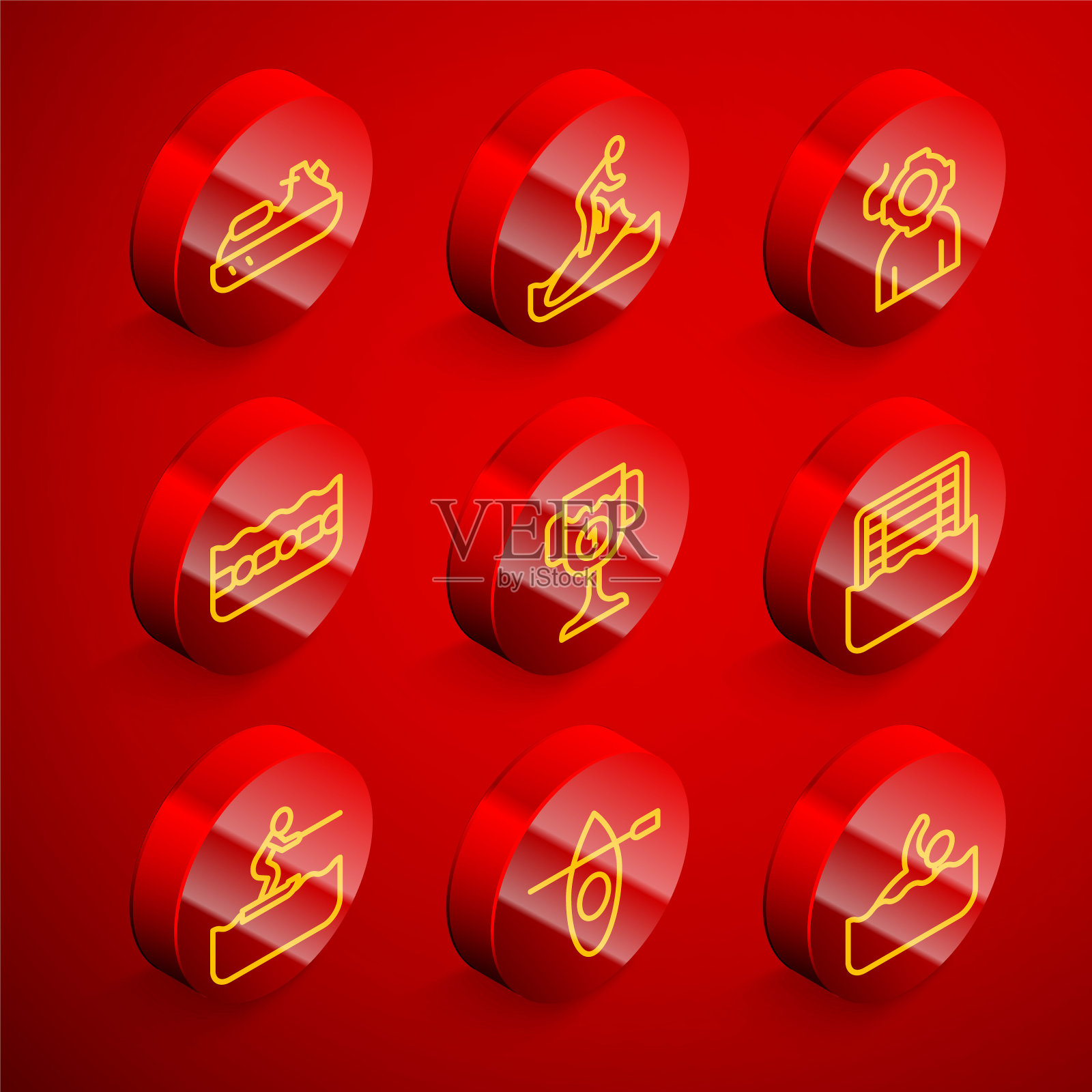 设置线喷气滑雪板,冲浪板,水,游泳池,奖杯,水球,滑雪男子和皮艇和划桨图标。向量图标素材