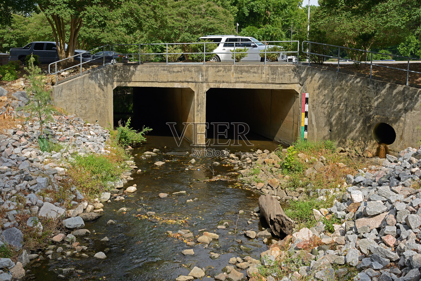 位于东卡罗莱纳大学校园榆树街公园的绿磨坊溪上的汽车桥。格林维尔,北卡罗来纳州照片摄影图片