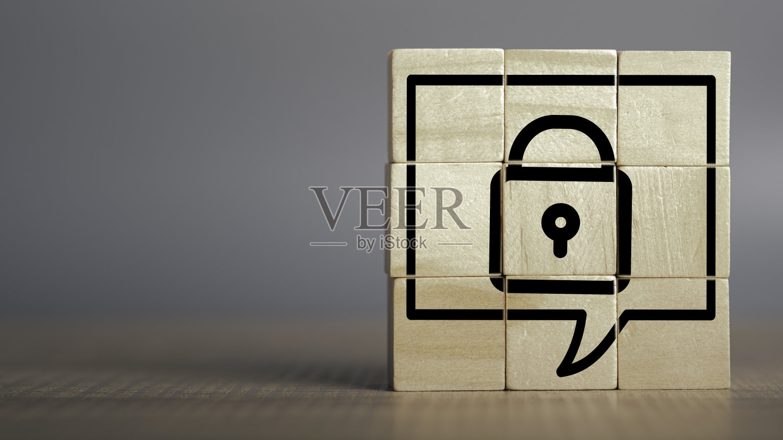 安全与网络安全概念。挂锁图标在木立方体堆栈与复制空间,用户隐私,加密,安全的互联网接入,网络攻击,欺诈,数据泄露。照片摄影图片