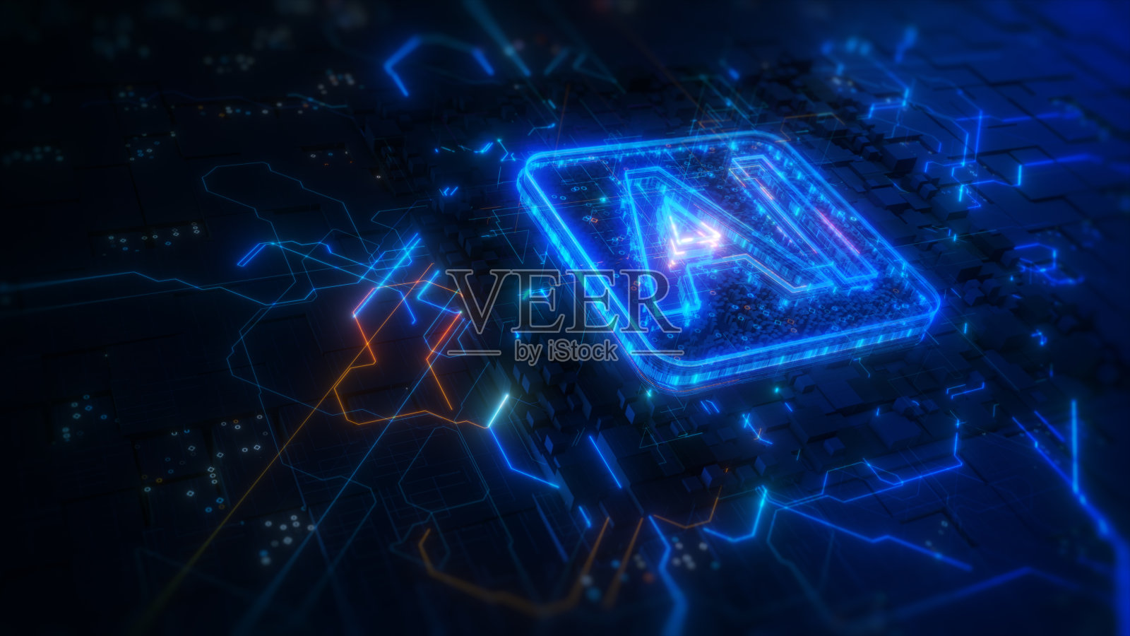 电路板上的人工智能。未来技术概念可视化。大数据传输连接。人工智能分析技术数字数据网络抽象背景。3d渲染照片摄影图片