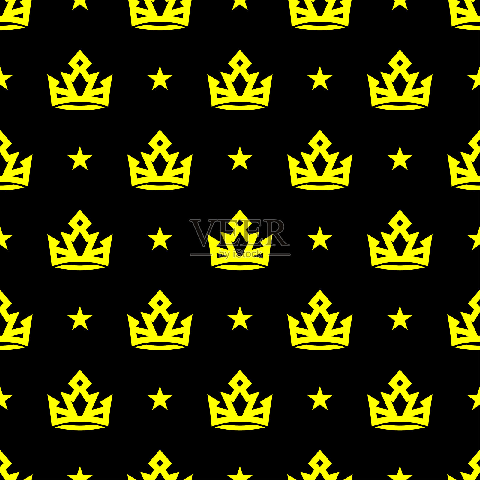 黄色的小王冠和星星孤立在黑色的背景上。皇家单色无缝图案。矢量简单的平面图形说明。纹理。插画图片素材