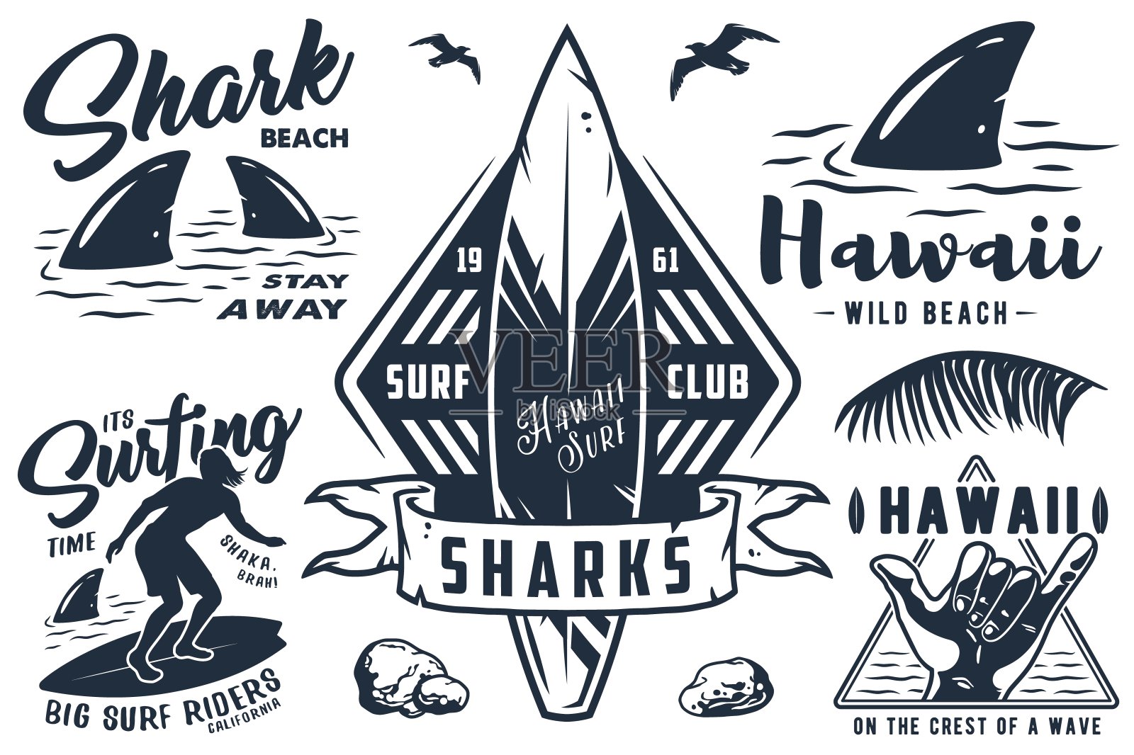 夏季冲浪印刷集冲浪者,沙卡,提基插画图片素材