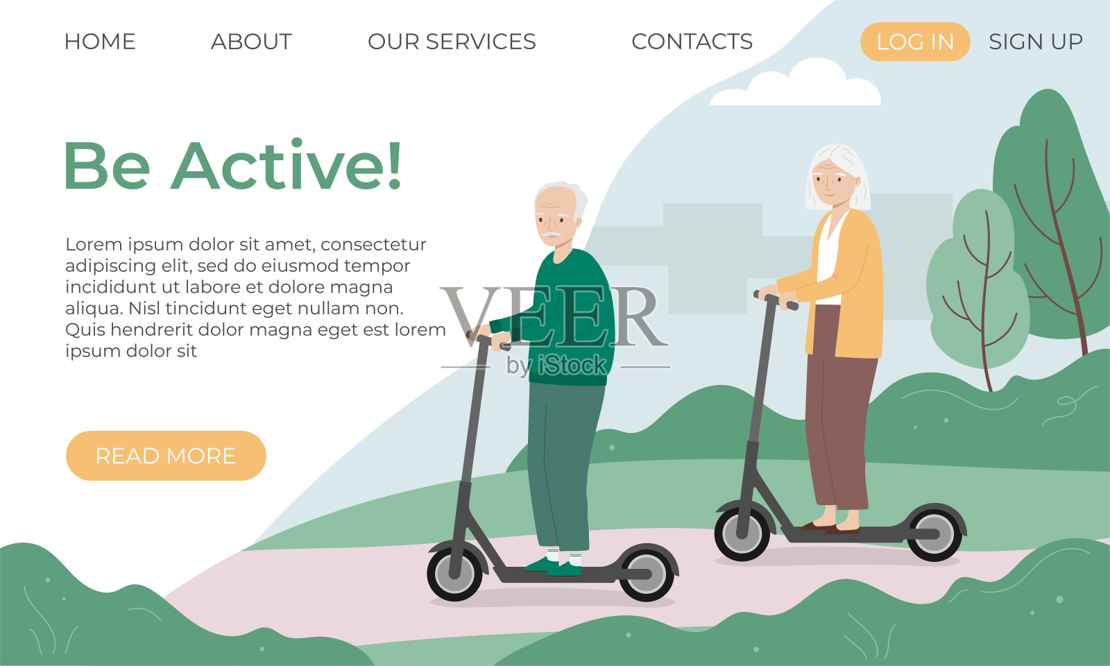 横幅模板,老人和女人骑滑板车在城市公园插画图片素材