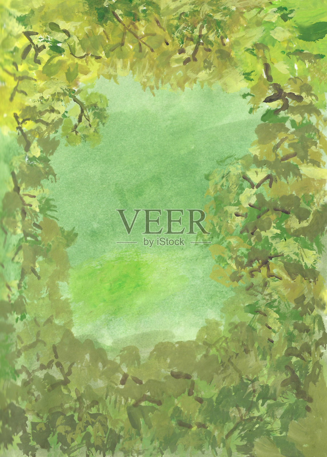 水彩画自然背景的树叶和树木。风景或抽象水彩纹理背景在纸上。插画图片素材