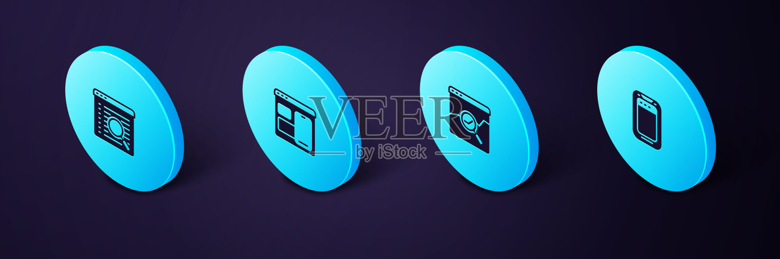 集等距手机,网站与股票市场,开发人员编程代码和搜索引擎图标。向量图标素材