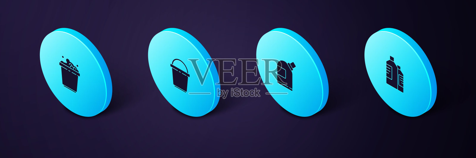 设置等距瓶清洗剂,桶和肥皂泡沫图标。向量图标素材