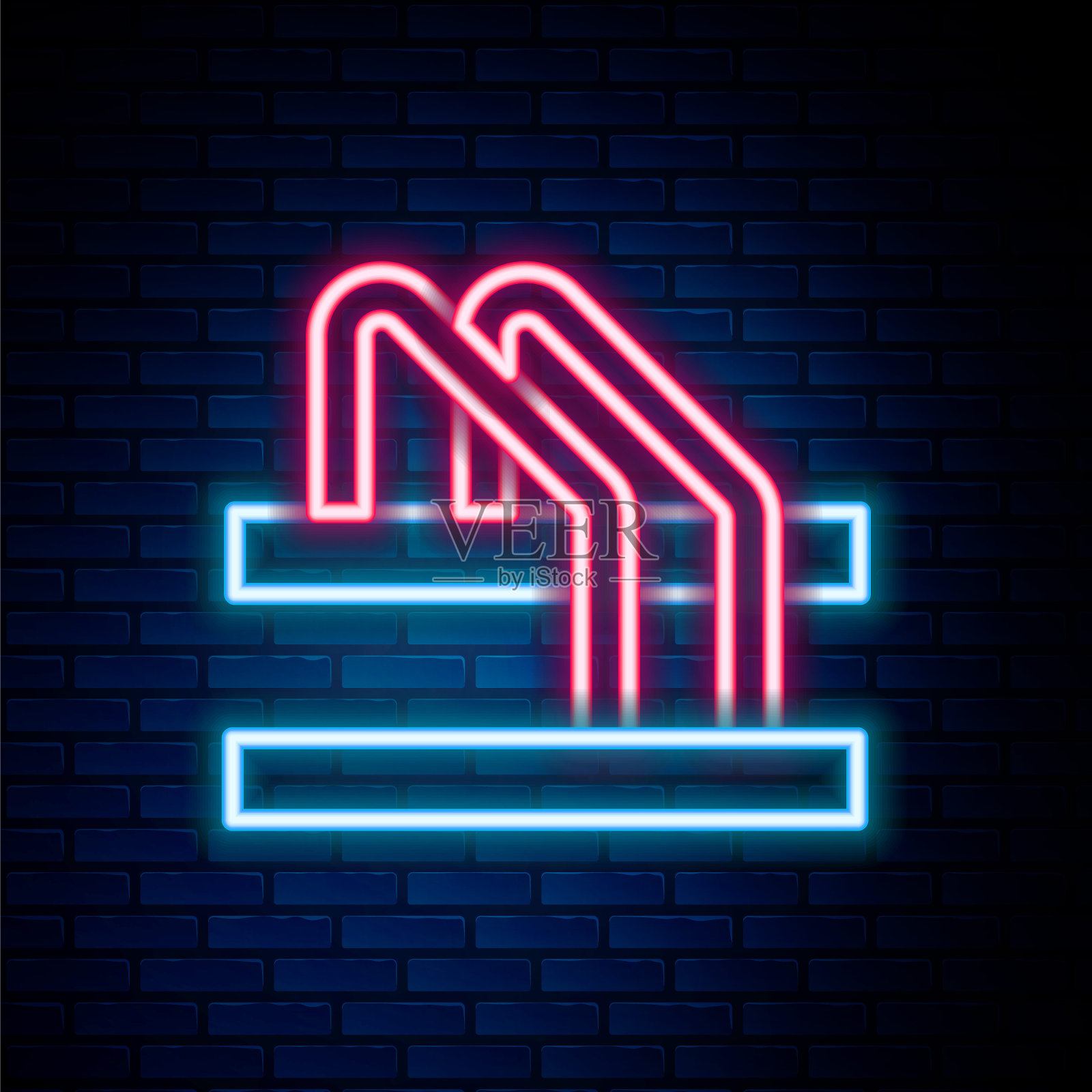 发光的霓虹灯线自行车停车图标孤立的砖墙背景。色彩缤纷的轮廓概念。向量插画图片素材