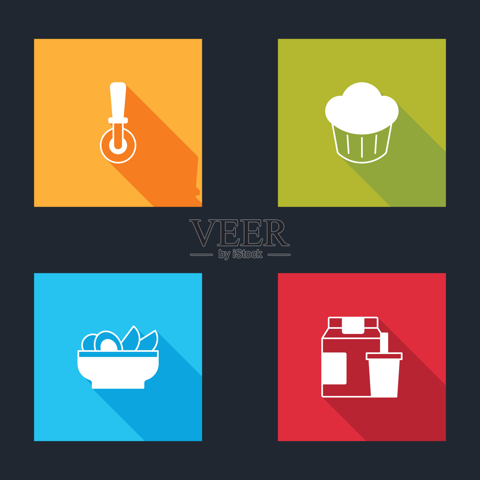 设置披萨刀,纸杯蛋糕,玉米片在盘子和在线订购和交付图标。向量图标素材