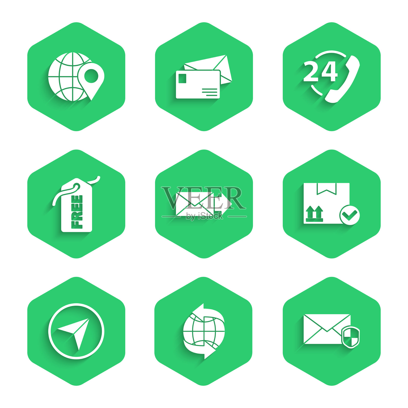 在全球范围内用屏蔽包装箱设置信封图标素材