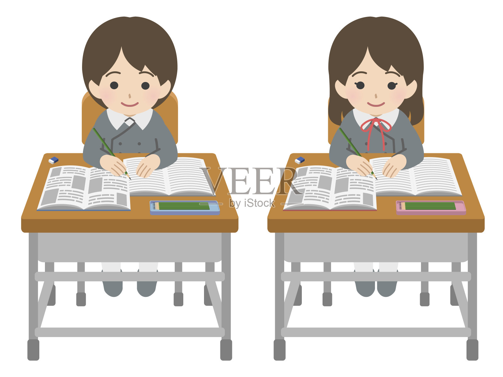 穿着制服的男女孩子在课桌前学习插画图片素材