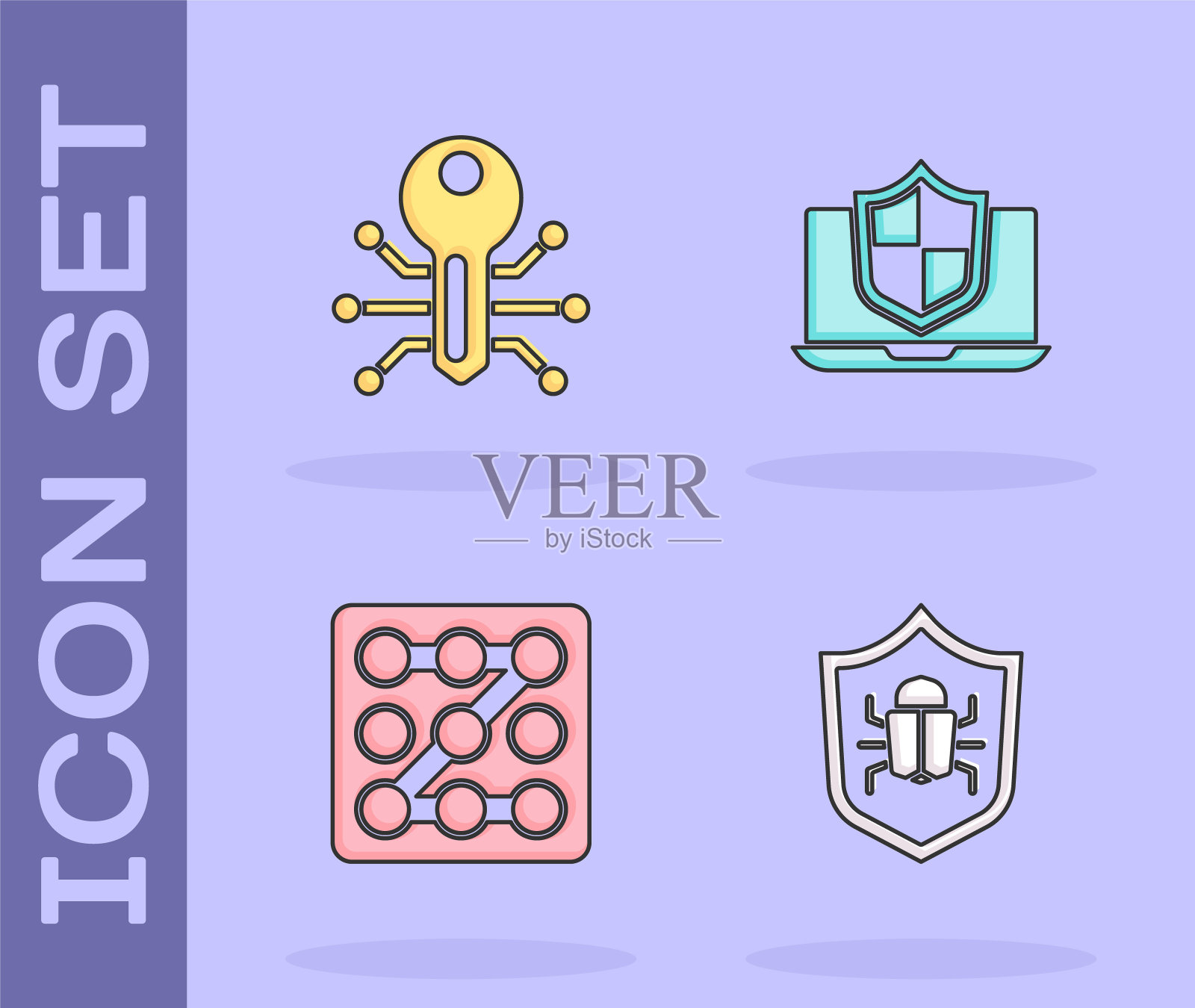 设置系统错误,智能钥匙,图形密码保护和笔记本电脑保护盾图标。向量图标素材