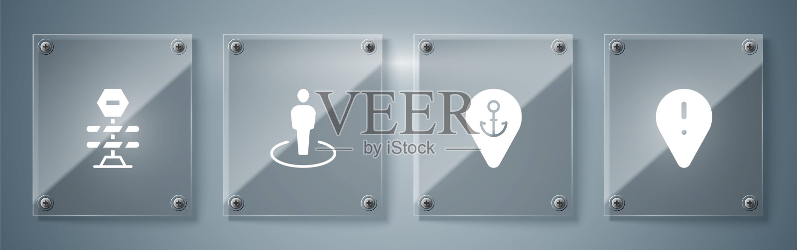 设置位置与感叹号,锚,人和道路障碍。方形玻璃板。向量插画图片素材