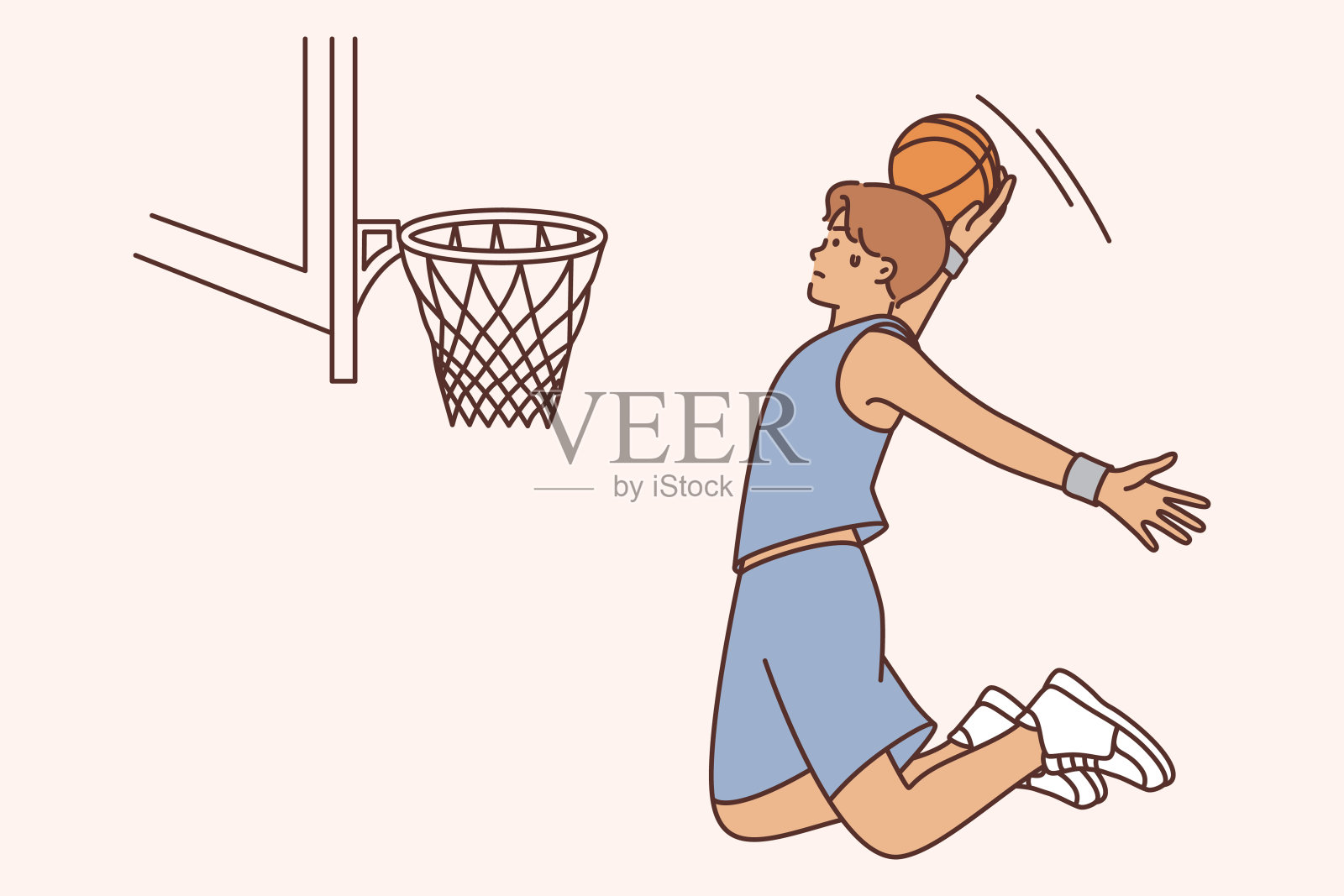 一名男子篮球运动员在与大学篮球队的比赛中带球跳向球门插画图片素材