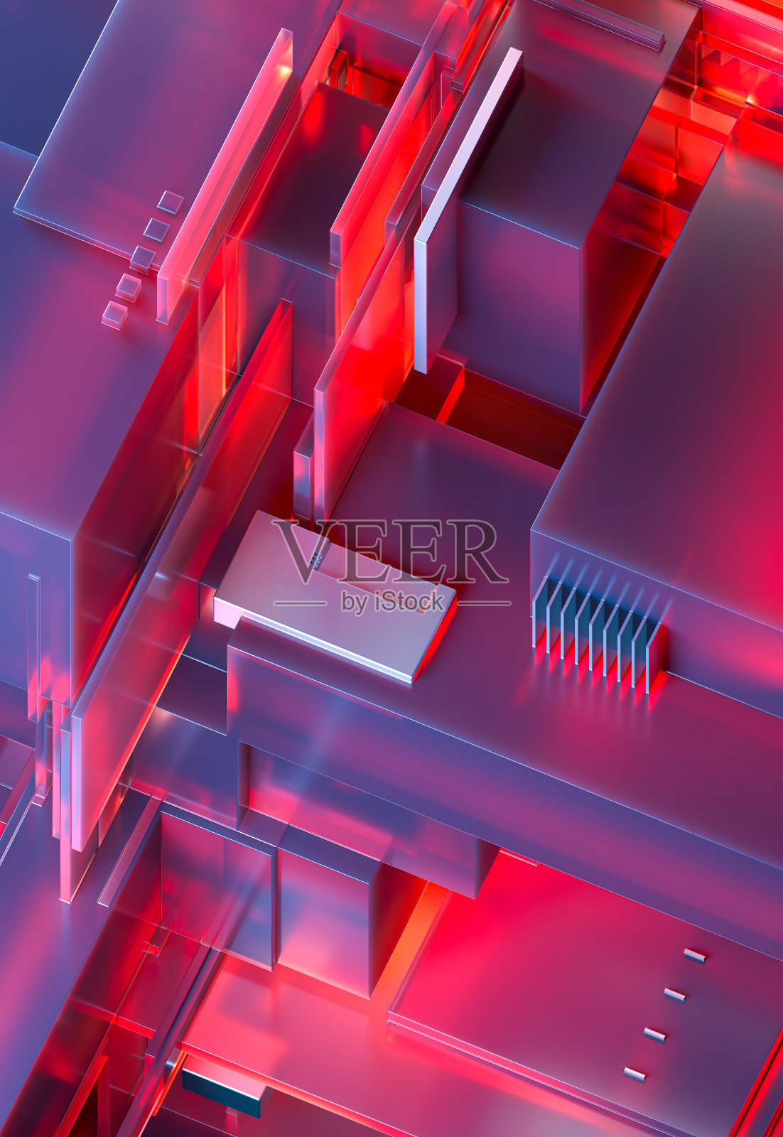 三维抽象背景,由相互连接的蓝红色长方体和板材组成,地下散射效果,数字生成图像照片摄影图片