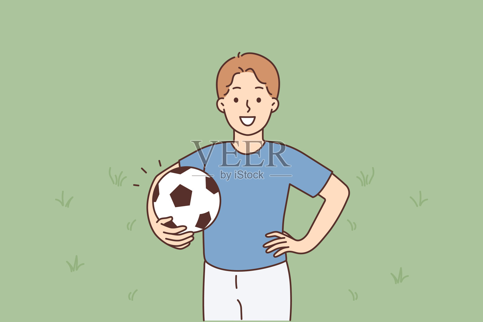 一个面带微笑的小男孩站在那里,手里拿着一个足球插画图片素材