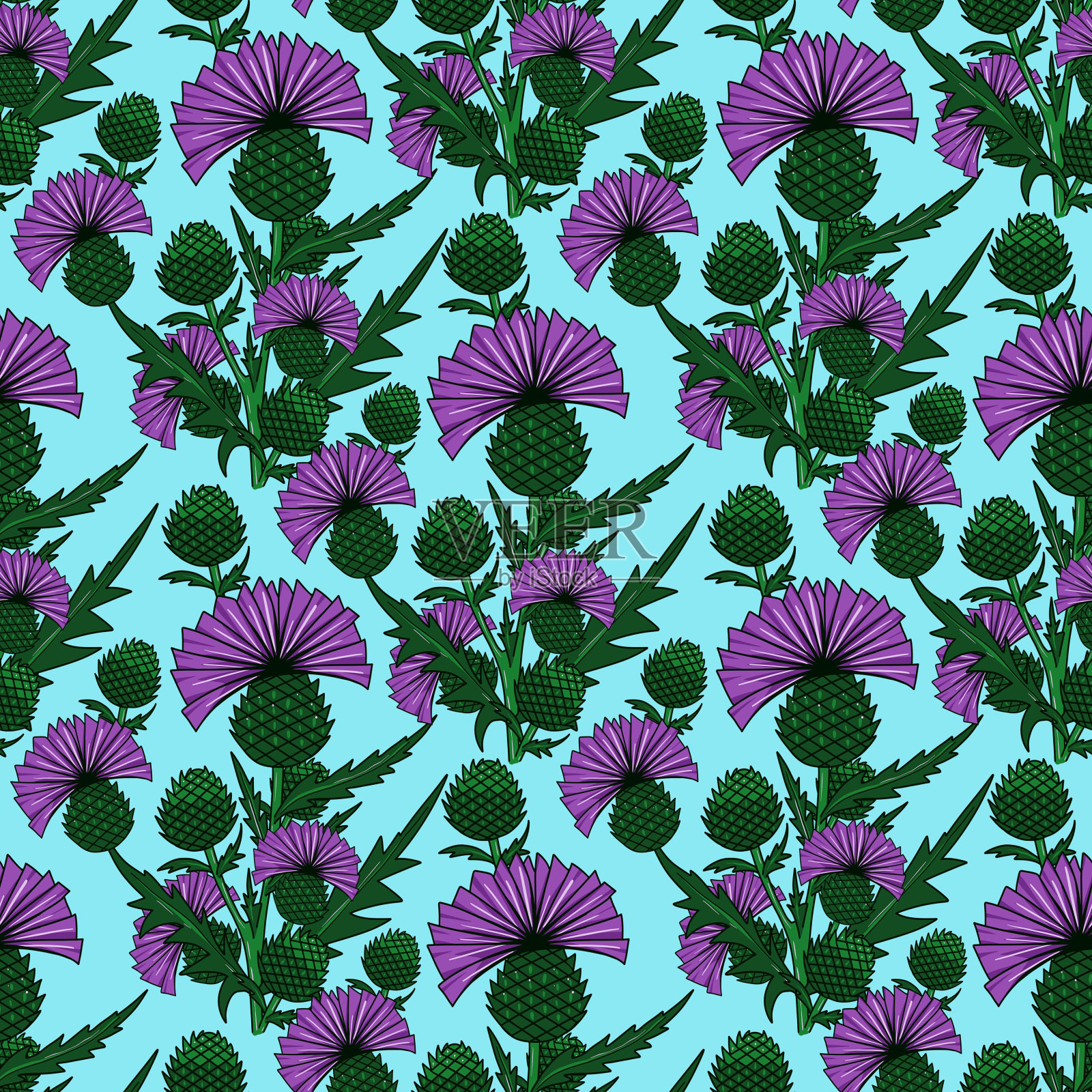 花朵无缝图案。蓟花,植物背景,手绘插图插画图片素材