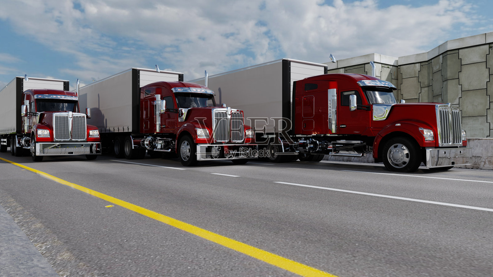 美式卡车在高速公路上拉货。运输的主题。三维演示照片摄影图片