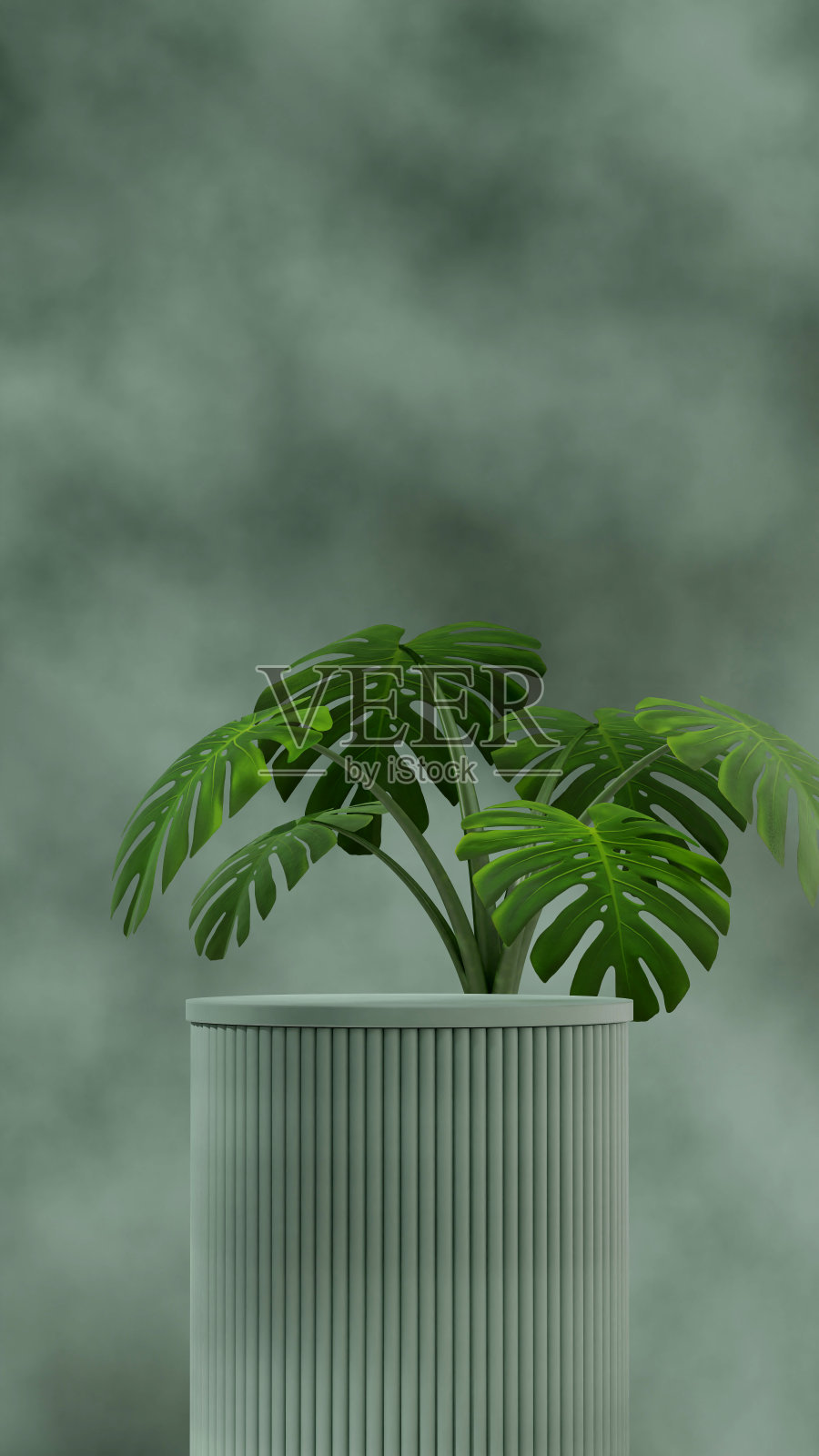 立体空间圆柱体绿色裙台在人像怪物植物叶片绿色3D渲染照片摄影图片