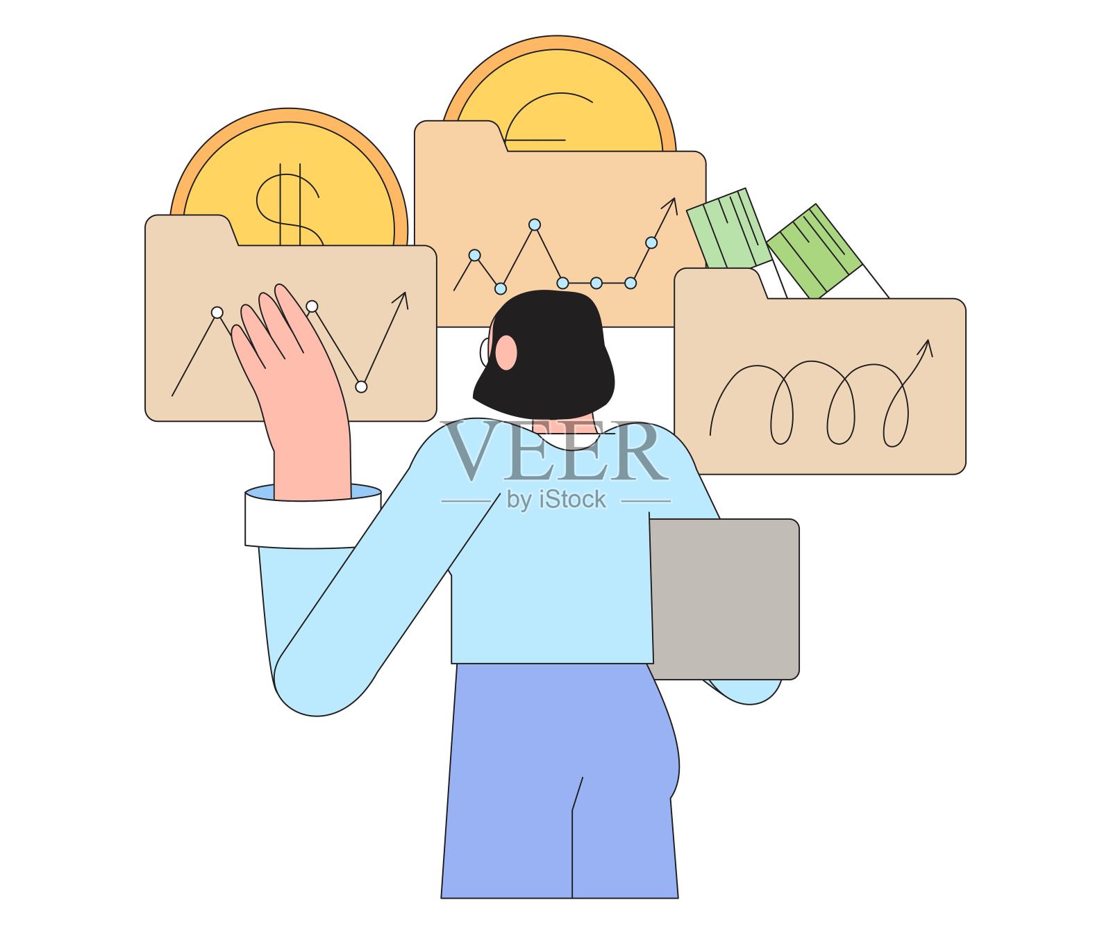 金融投资。创造性的货币市场运动概念。银行存款,利润理财。资金管理或投资,交易,股票购买。女性分割或分割投资。插画图片素材