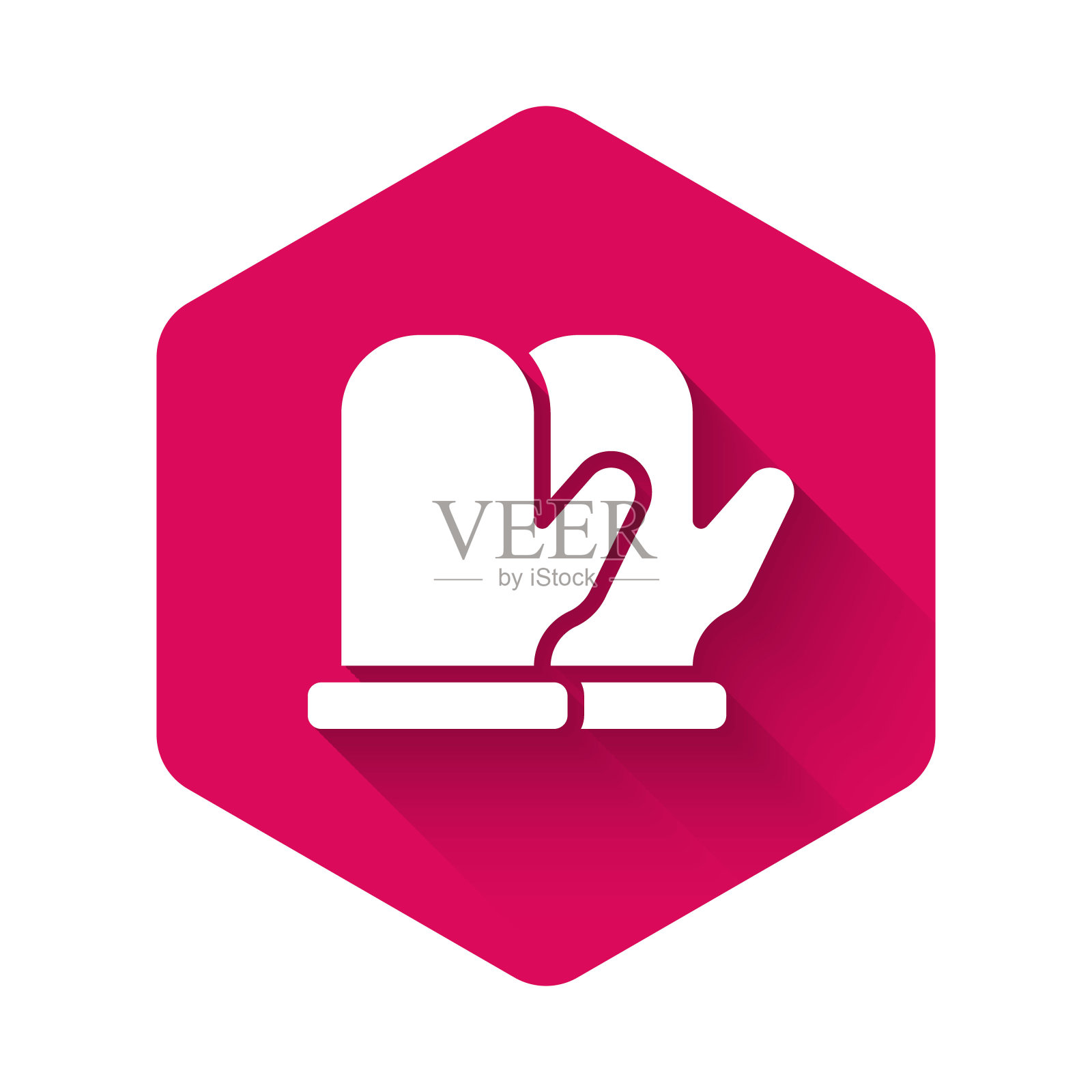 白色圣诞手套图标孤立的长阴影。粉红色六边形按钮。向量图标素材