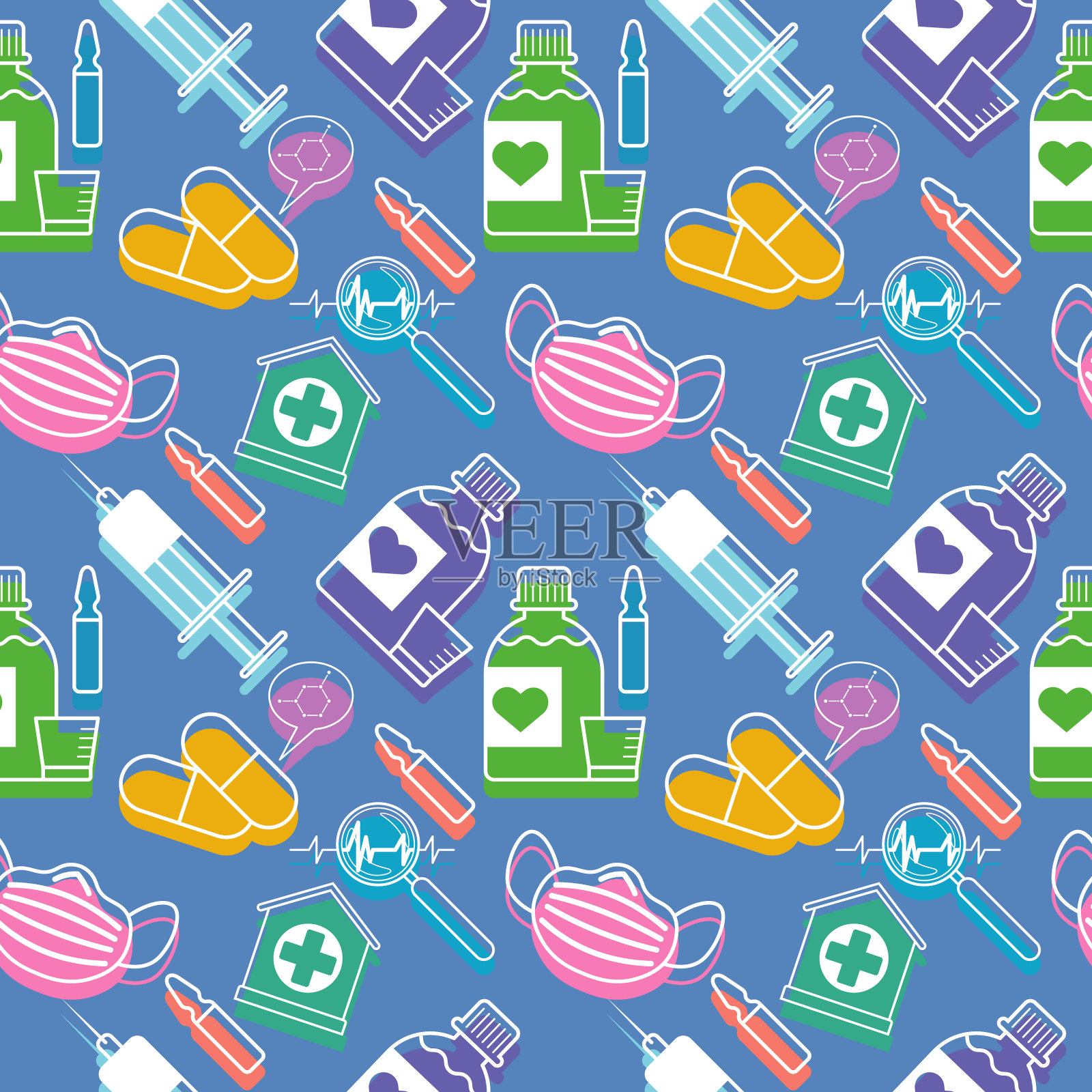注射器、烧杯瓶、药片、口罩、诊断放大镜、安瓿等彩色医疗图案插画图片素材