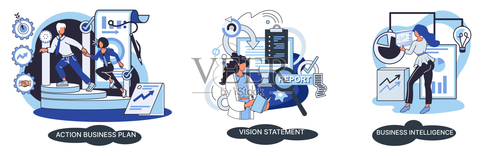 战略业务规划,自动化流程。企业使命、规则、愿景声明、竞争情报插画图片素材