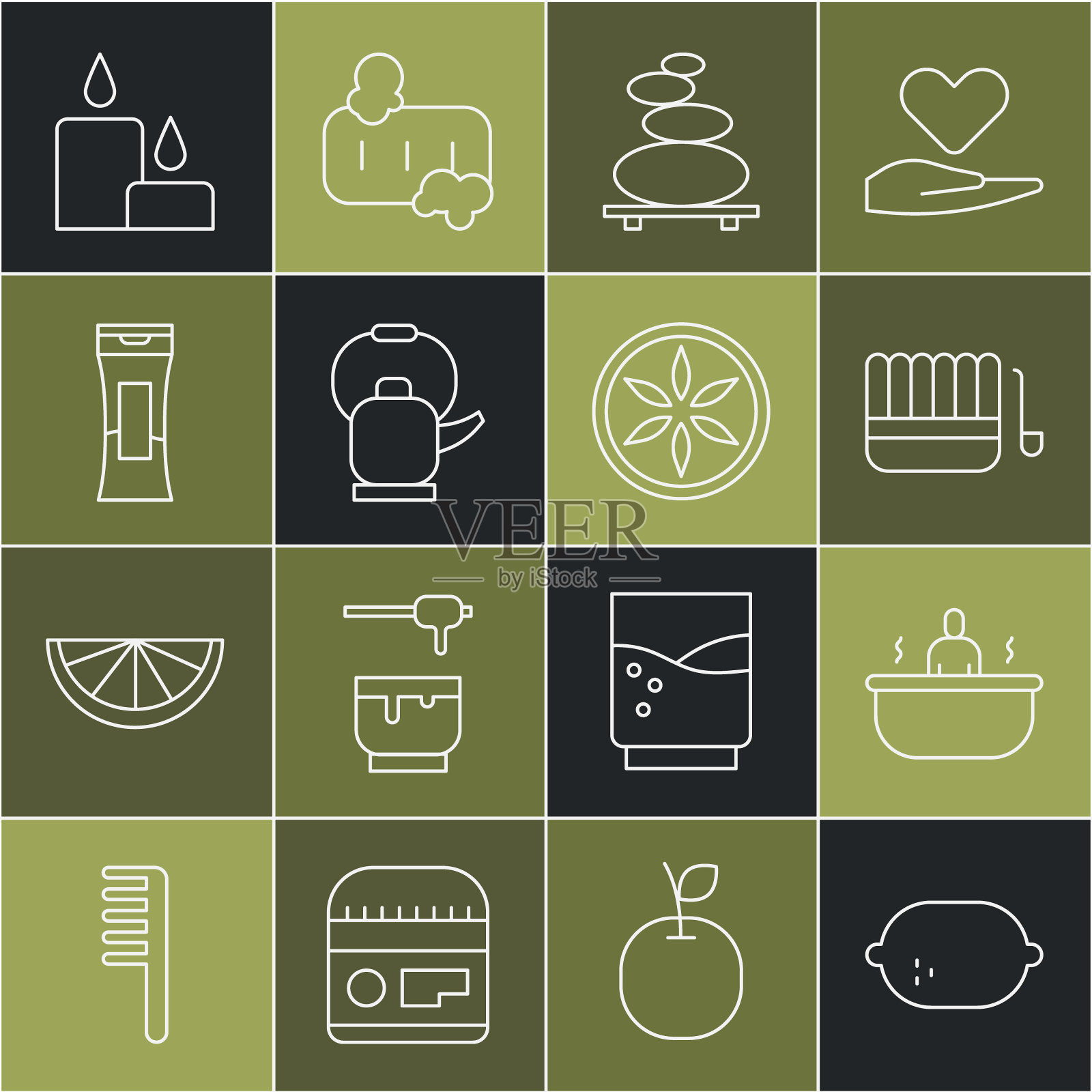 设置线柠檬,浴缸,桑拿桶和勺子,堆热石,水壶与手柄,一瓶洗发水,燃烧的蜡烛和叶子植物的自然图标。向量图标素材