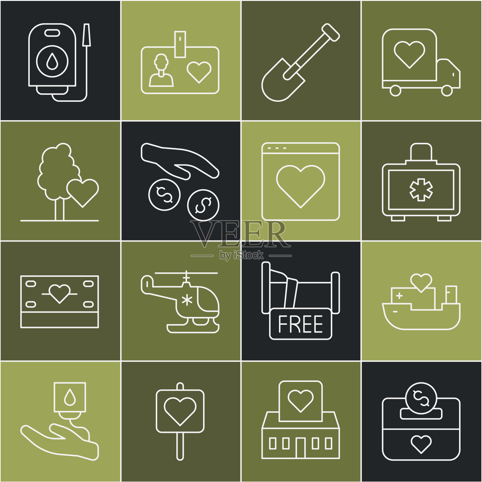 捐赠和慈善,人道主义船,急救箱,铲子,志愿者团队植树,献血和约会应用程序在线图标。向量图标素材