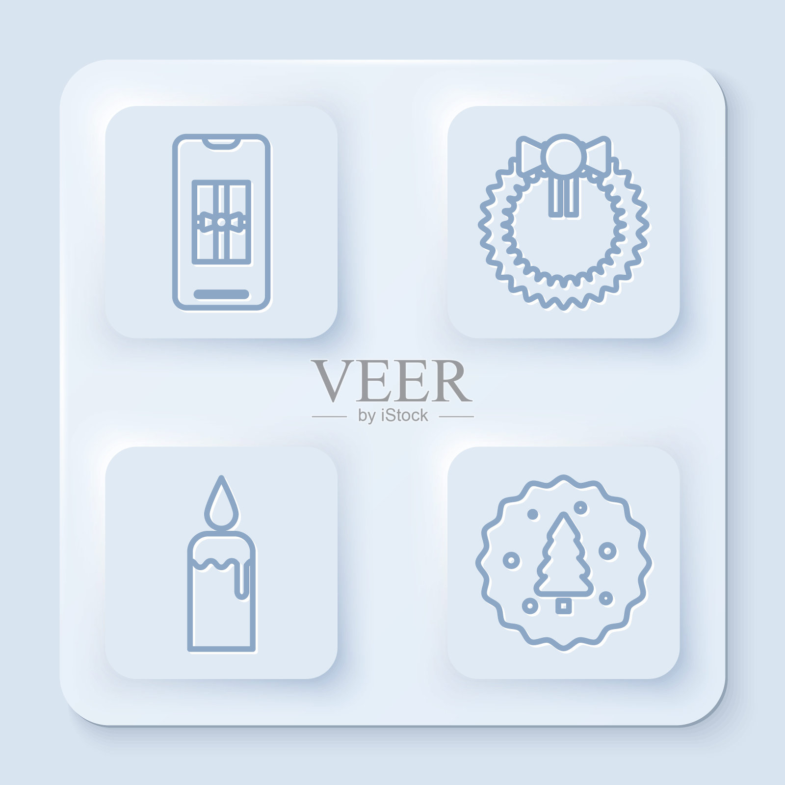 设置线智能手机与礼盒,圣诞花环,燃烧的蜡烛在烛台和饼干或饼干巧克力。白色方形按钮。向量插画图片素材