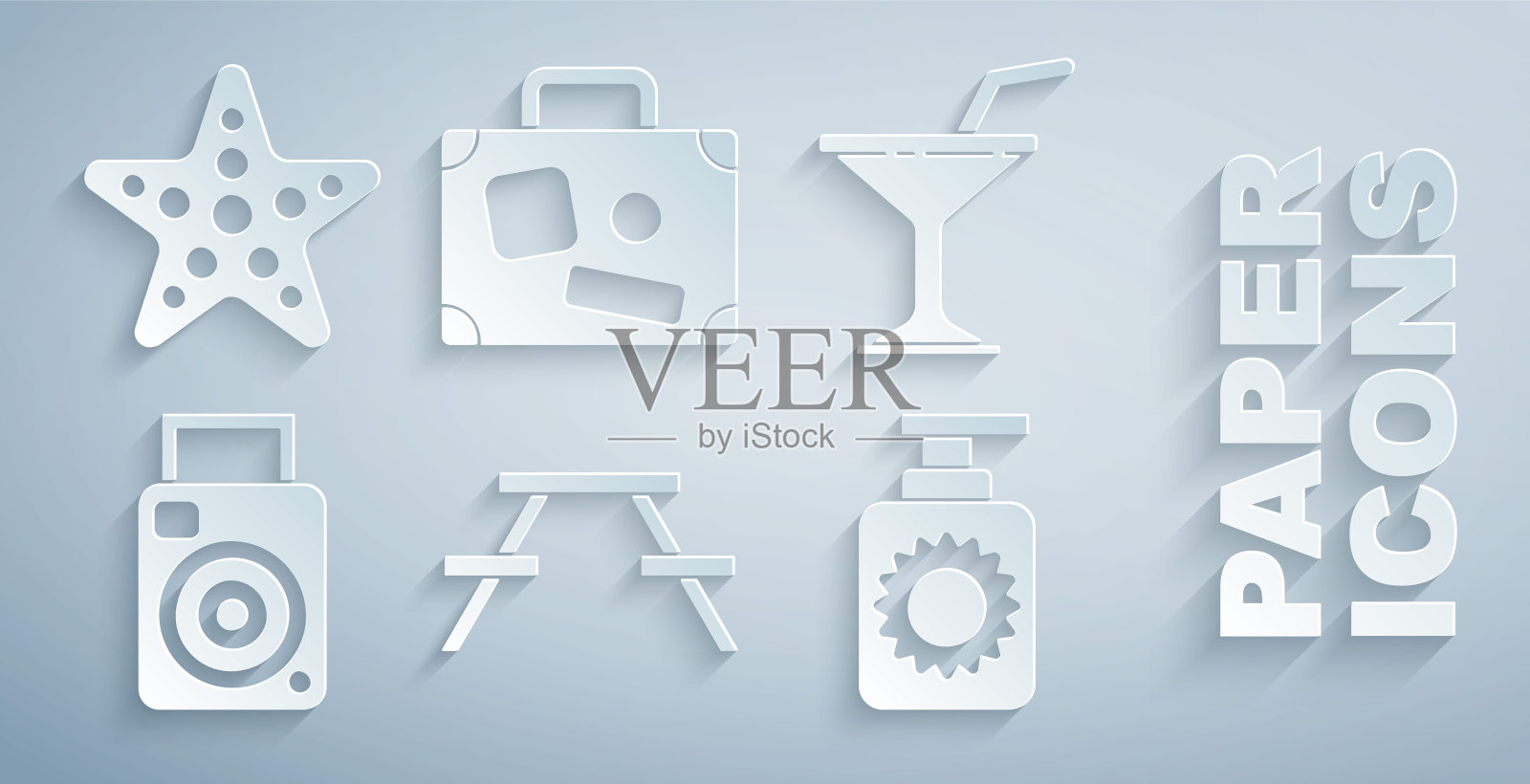 设置野餐桌与长凳,马提尼酒杯,照相机,防晒喷雾瓶,手提箱和海星图标。向量图标素材