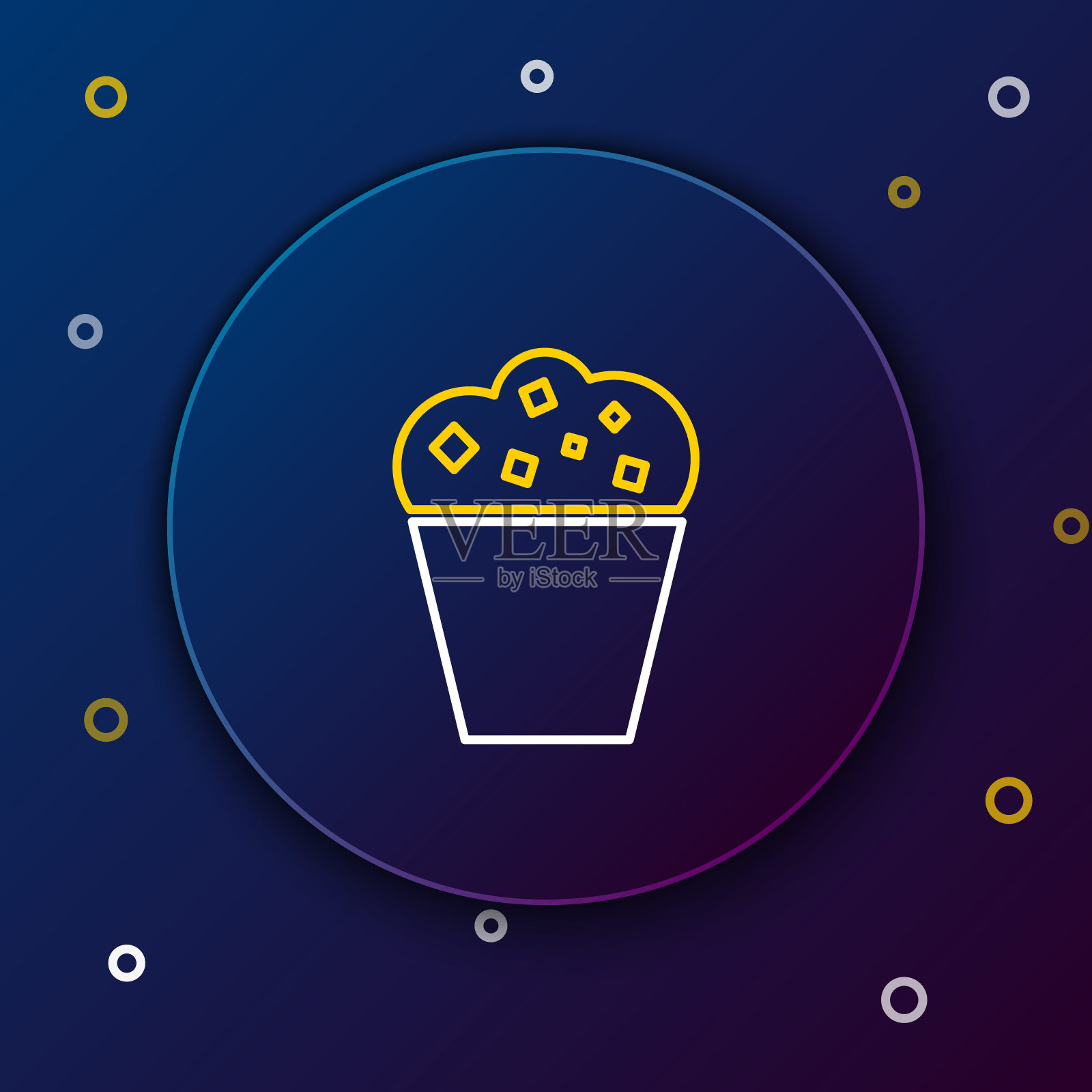 白色和黄色线爆米花在纸板箱图标孤立的深蓝色背景。爆米花桶盒子。色彩缤纷的轮廓概念。矢量图插画图片素材