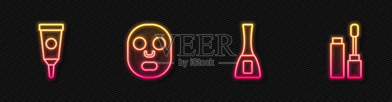 固定线指甲油瓶,面霜或乳液化妆管,面膜和睫毛刷。发光的霓虹灯图标。向量插画图片素材