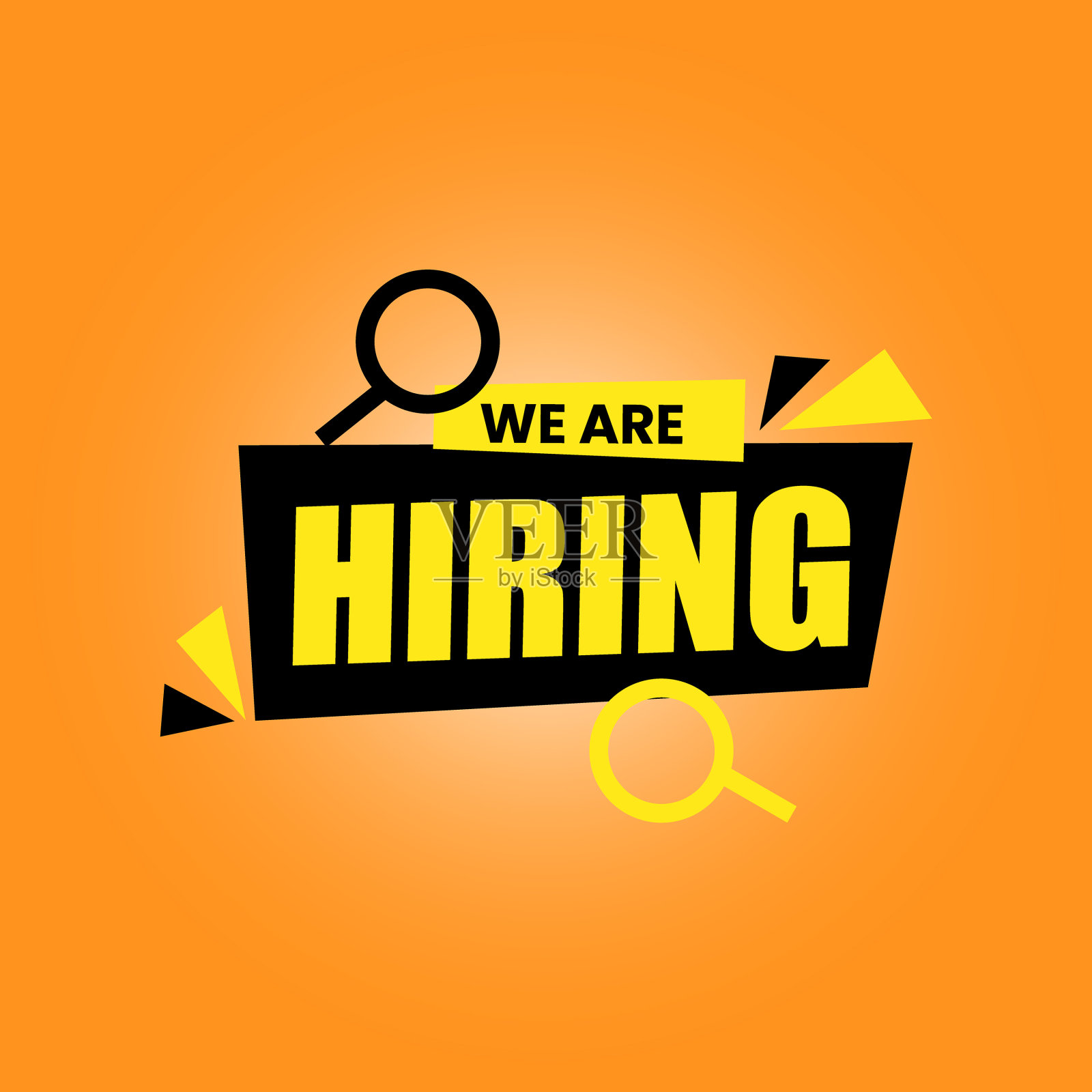 我们正在招聘矢量模板设计。雇用黑色字体与形状和搜索图标。职位空缺横幅设计。加入我们的团队,极简海报模板,寻找人才广告。插画图片素材
