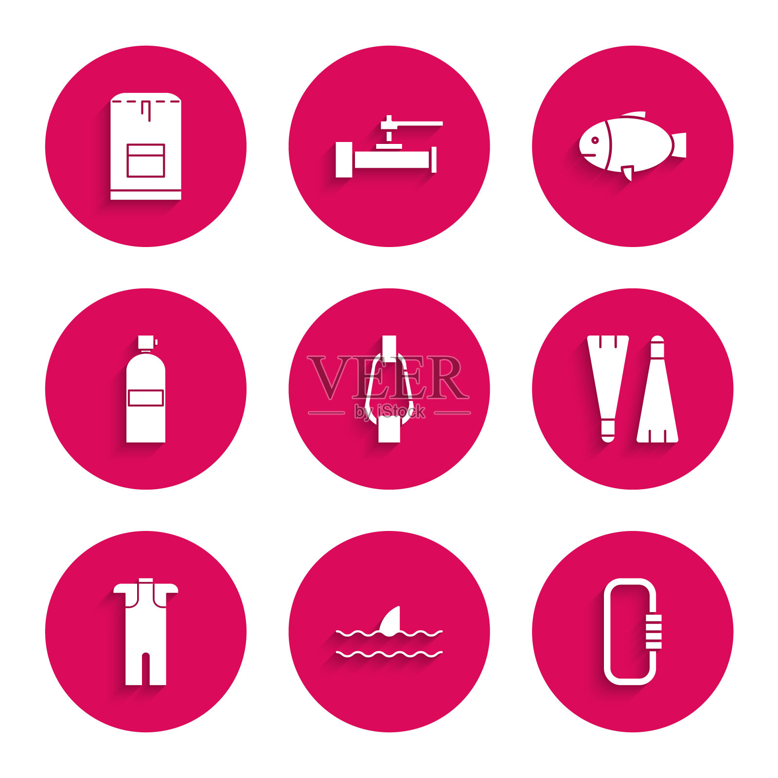 集锁扣,鲨鱼鳍海浪,橡胶鳍游泳,潜水潜水,潜水,鱼和背包图标。向量图标素材