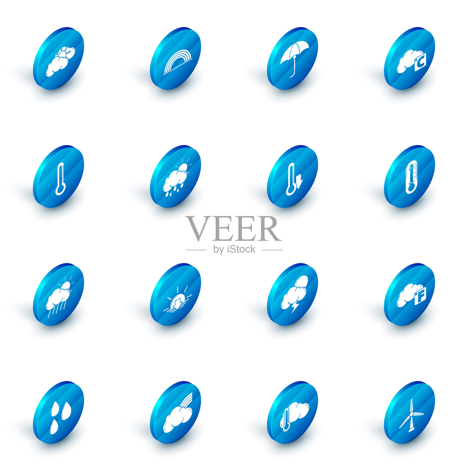 集彩虹与云,经典优雅的开伞,摄氏和,温度计,云雨太阳,和图标。向量图标素材