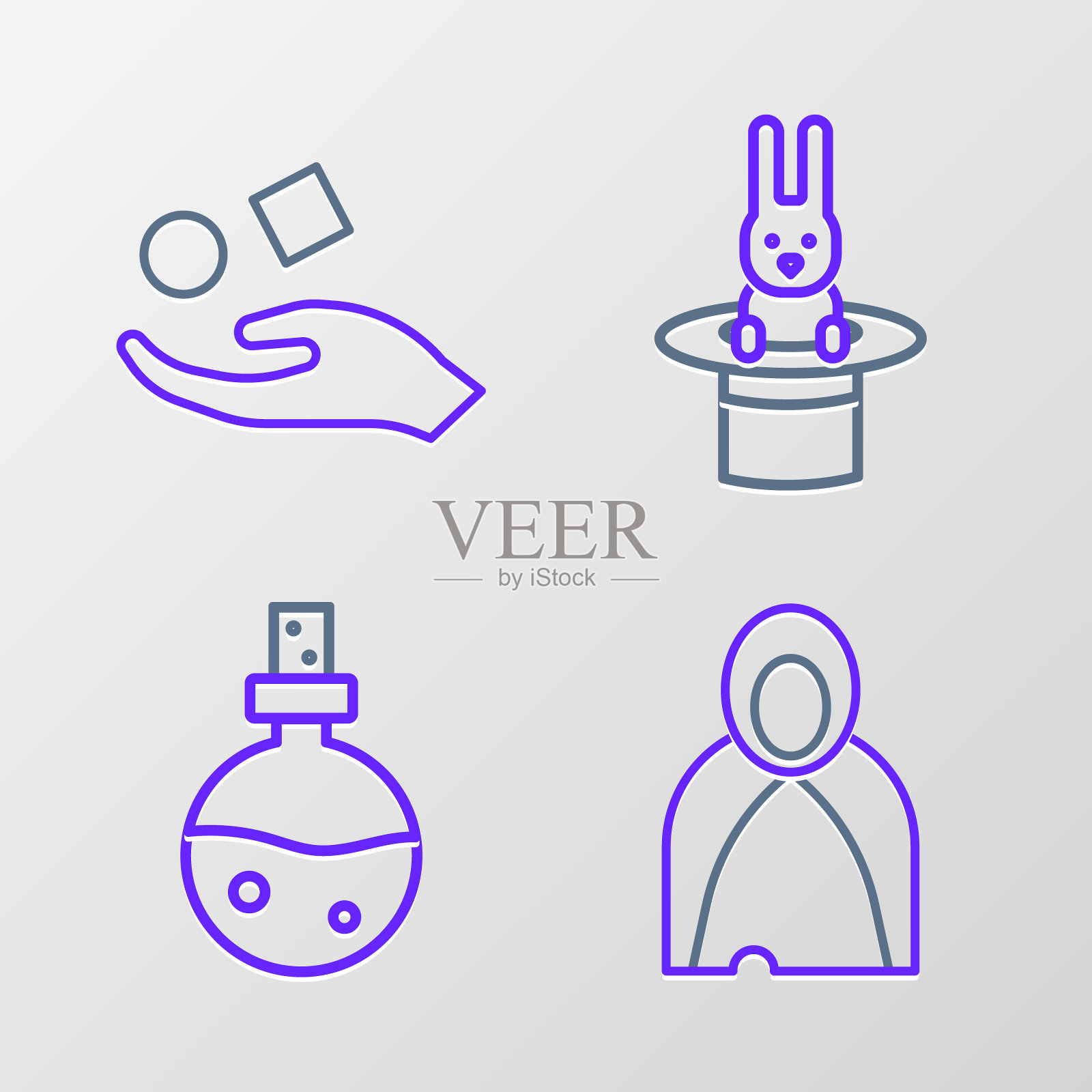 套线披风,斗篷,斗篷,瓶子与爱情药水,魔术师帽子和兔子和立方体悬浮在手上的图标。向量插画图片素材