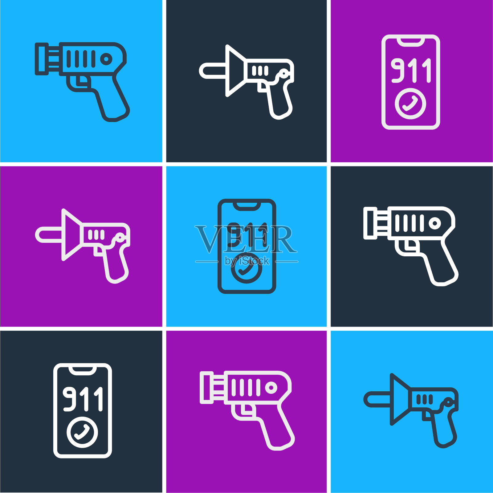 设置线路警察电击器,电话911和扩音器图标。向量插画图片素材