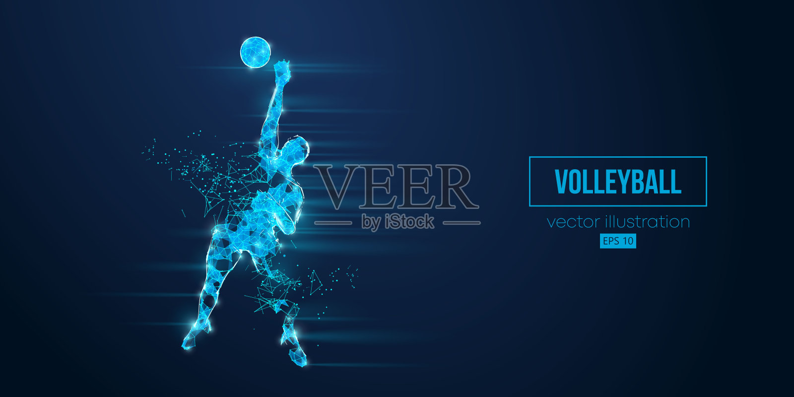 抽象线框轮廓排球运动员从三角形和粒子在蓝色背景。排球运动员男子击球。矢量图插画图片素材