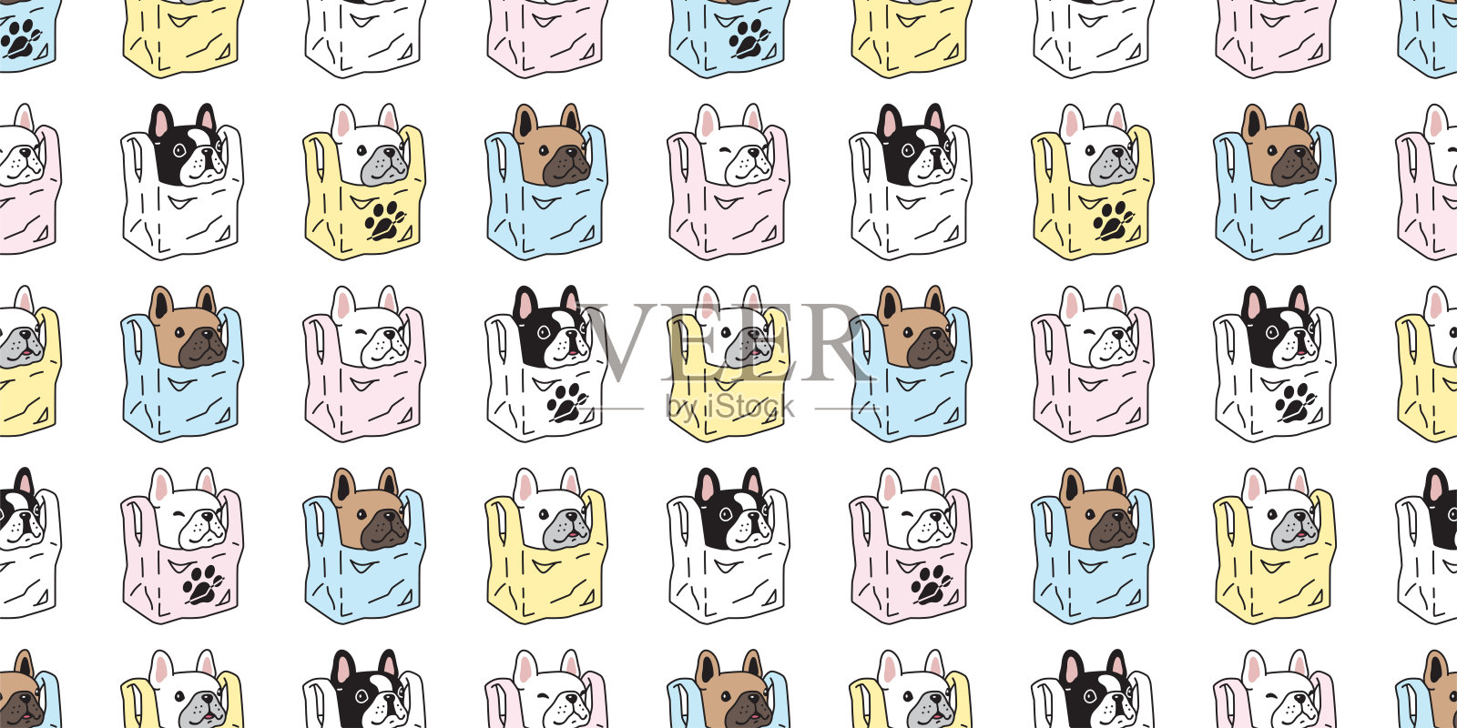 狗无缝图案法国斗牛犬购物袋塑料矢量宠物爪子足迹小狗卡通礼物包装纸瓷砖背景重复壁纸涂鸦围巾孤立的插图设计插画图片素材