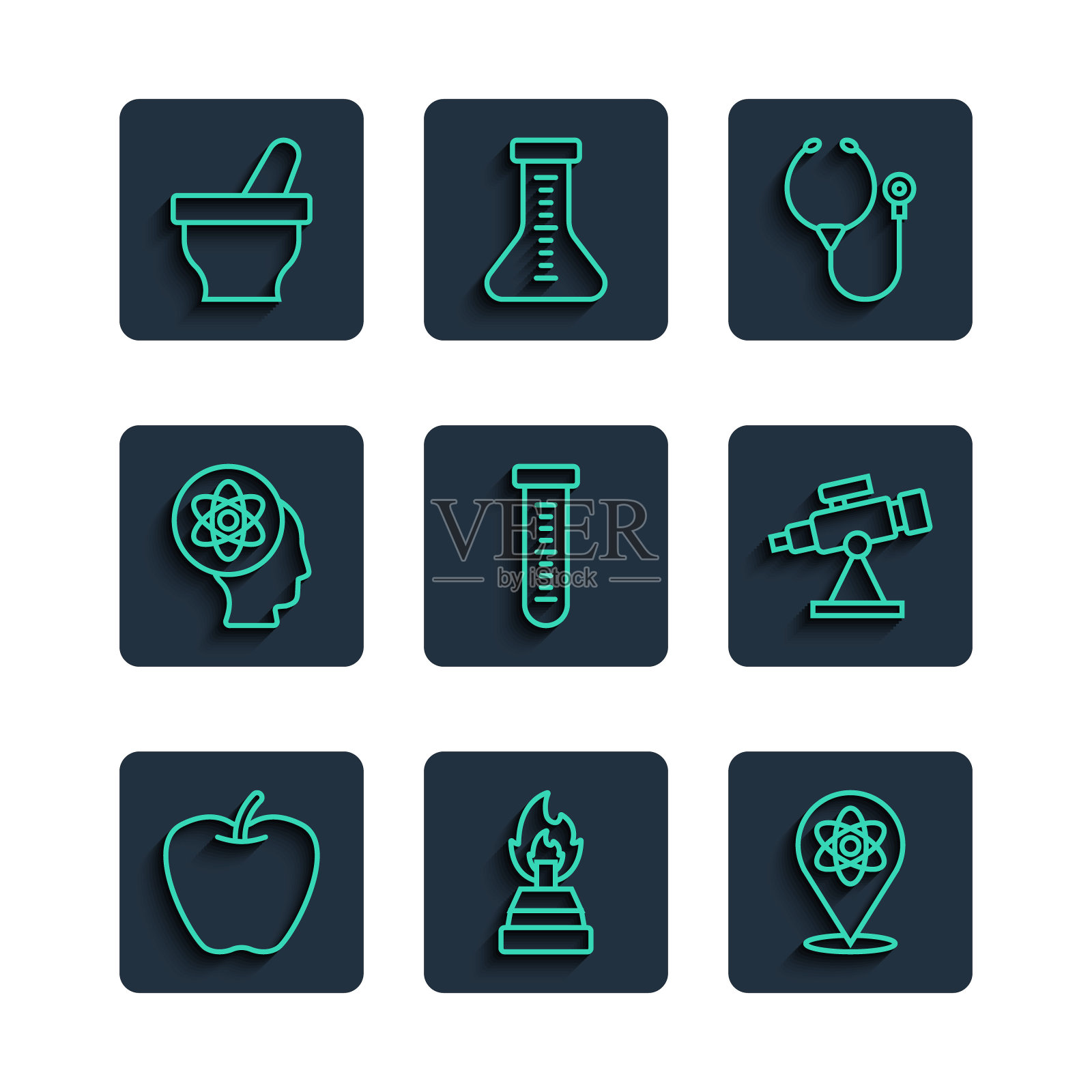 设置线苹果,酒精或精神燃烧器,原子,听诊器,试管,臼和杵和望远镜图标。向量图标素材