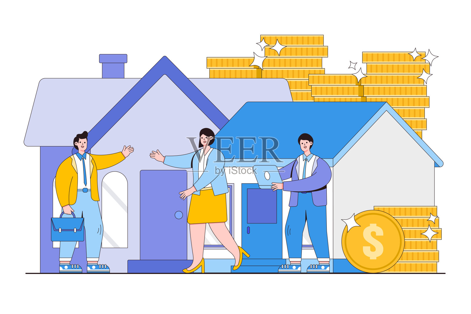 房地产投资,市场增长,家居介绍和购买理念。大纲设计风格最小的矢量插图登陆页,网页横幅,信息图表,英雄形象插画图片素材