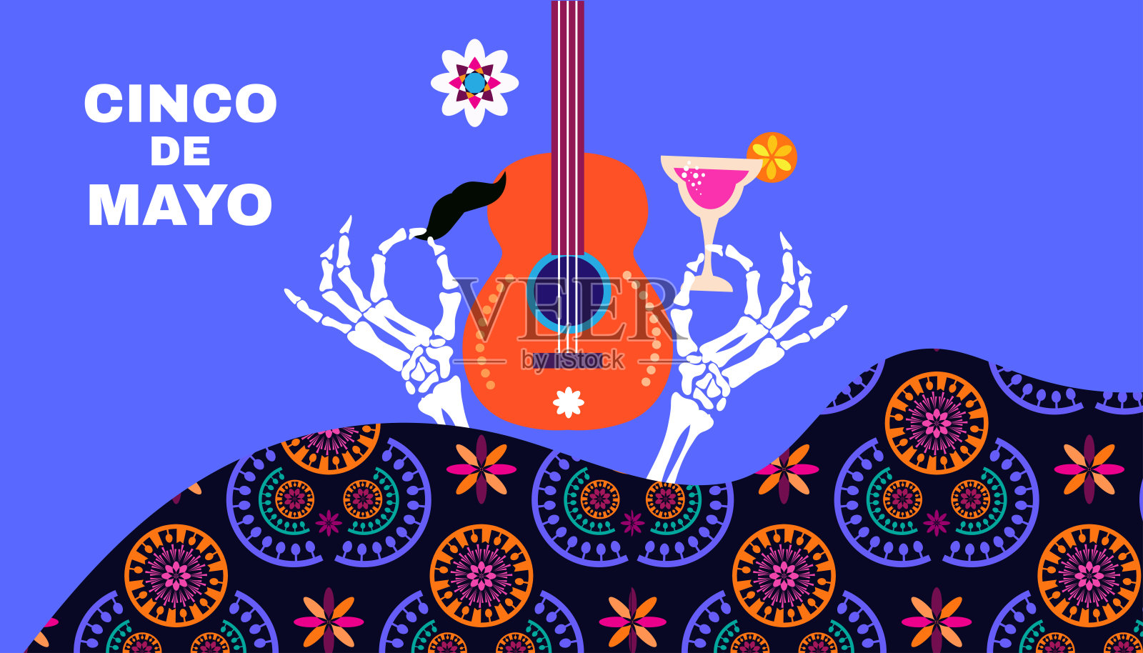 快乐的五月五日节模板海报与吉他,宽边帽,胡椒,龙舌兰酒,烟花,图案插画图片素材